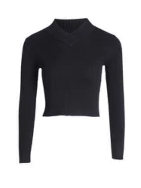 Ali Picks Black Ribbed Knit Crop V-Neck Sweater Small Women NWOT